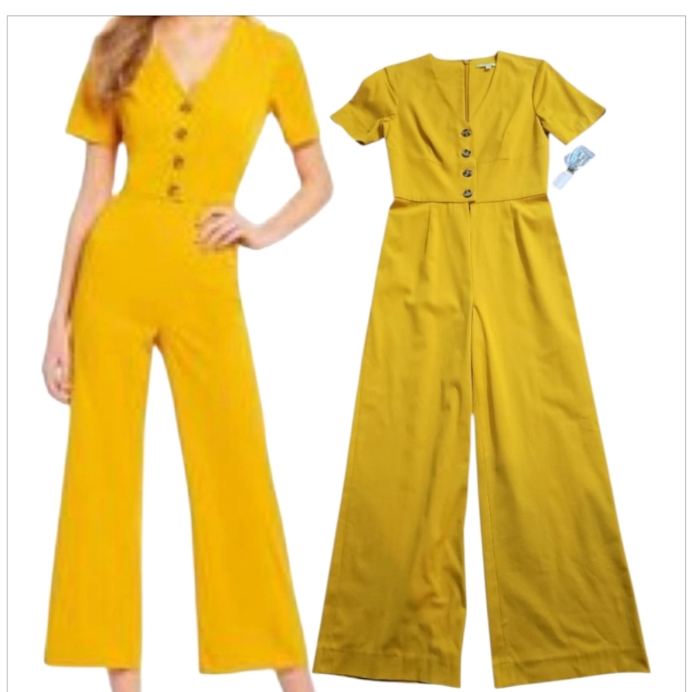 Gianni Bini Gold Jumpsuit Short Sleeve Wide Leg V-Neck One Piece Sz4